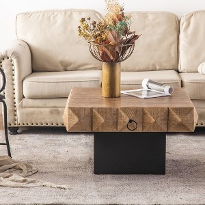 Coffee Table, Embossed Pattern Square Retro Coffee Table With Stable MDF Base, 2 Drawers Side End Table - 1 of 4
