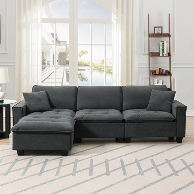 VYNXARIA 100" x 59" Modern Convertible L-Shaped Sectional Sofa Set with Free Pillows, 4-Seat Suede Velvet Sleeper Sofa & Ottoman, Dark Gray