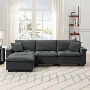 VYNXARIA 100" x 59" Modern Convertible L-Shaped Sectional Sofa Set with Free Pillows, 4-Seat Suede Velvet Sleeper Sofa & Ottoman, Dark Gray - 1 of 4