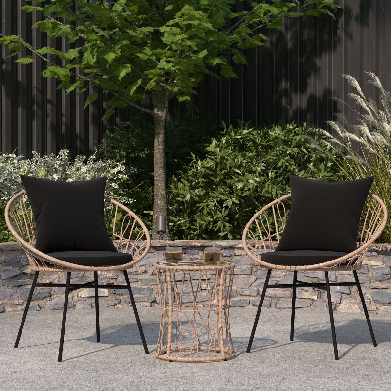 Merrick Lane 3 Piece Patio Set with Rope Rattan Chairs, Matching Glass Top Side Table and Cushions for Indoor/Outdoor Use, 2 of 15