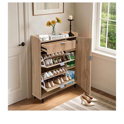 Shoe Cabinet Storage with 2  Drawers  Entryway Hidden Thin Farmhouse Wave Wood Shoe Organizer Cabinet with 2 Adjustable Shelves Metal Racks