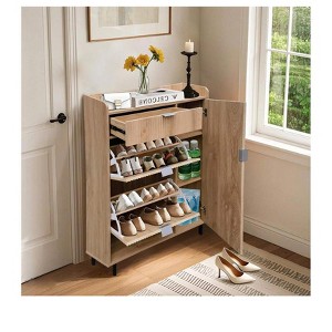 Shoe Cabinet Storage with 2  Drawers  Entryway Hidden Thin Farmhouse Wave Wood Shoe Organizer Cabinet with 2 Adjustable Shelves Metal Racks - 1 of 4