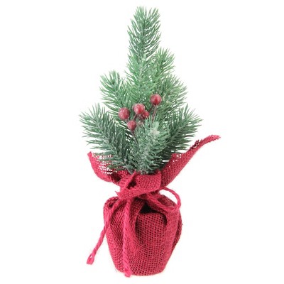 Northlight 9.5" Red and Green Frosted Mini Pine Christmas Tree with Berries in Burlap Base - Unlit