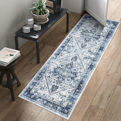 2x6 Vintage Runner Rug, Machine Washable, Low Pile, Non-Slip, Easy-Clean, Hallway/Entryway Accent Rug, Fade-Resistant, Stain-Resistant, Blue