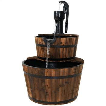 Sunnydaze 34"H Electric Fir Wood 2-Tier Farmhouse Barrel with Metal Decorative Hand Pump Outdoor Water Fountain