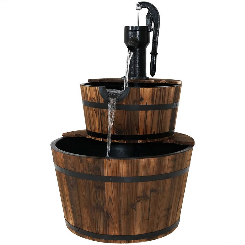 Sunnydaze 34"H Electric Fir Wood 2-Tier Farmhouse Barrel with Metal Decorative Hand Pump Outdoor Water Fountain, 1 of 13
