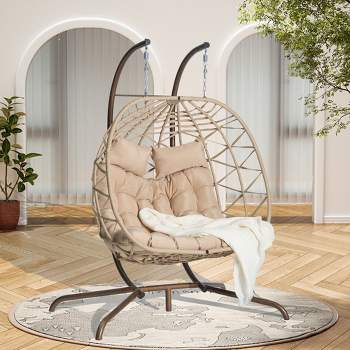2-Person Outdoor Patio Hanging Wicker Egg Chair with Cushion and Headrest, Rattan Hanging Chair 4A - ModernLuxe