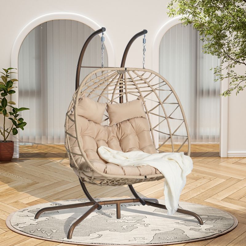 2-Person Outdoor Patio Hanging Wicker Egg Chair with Cushion and Headrest, Rattan Hanging Chair 4A - ModernLuxe, 1 of 10