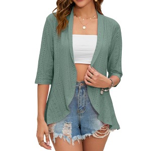 Eyelet Embroidery Cardigan for Women Summer Flounce Cuff Open Front Tops with Elbow Sleeve Jacquard High Low Hem Cardigan - 1 of 4