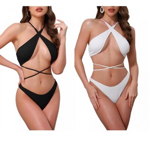 INSPIRE CHIC Women's Criss Cross Backless Ribbed Strappy Top Triangle Bottom Swimwear Bikini Suits 2 Sets - 1 of 4