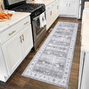 Persian Area Rug Floral Distressed Carpet Machine Washable Area Rug, 2' x 8' Gray - 1 of 4