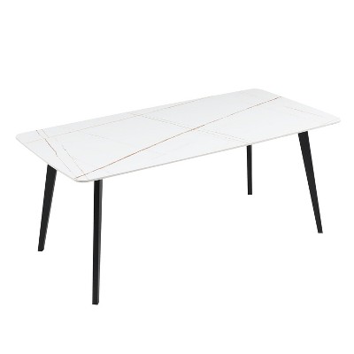 63'' Ceramic Dining Table, Rectangular Dinner Table With Metal Legs, Ceramic Desktop Leisure Coffee Side Table For 4-8 Person Dining Room