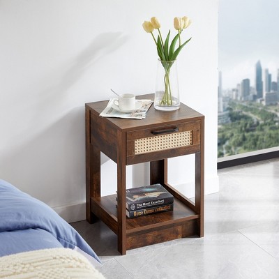 VYNXARIA 15.75" Rattan End table with drawer, Modern nightstand, side table for living room, bedroom