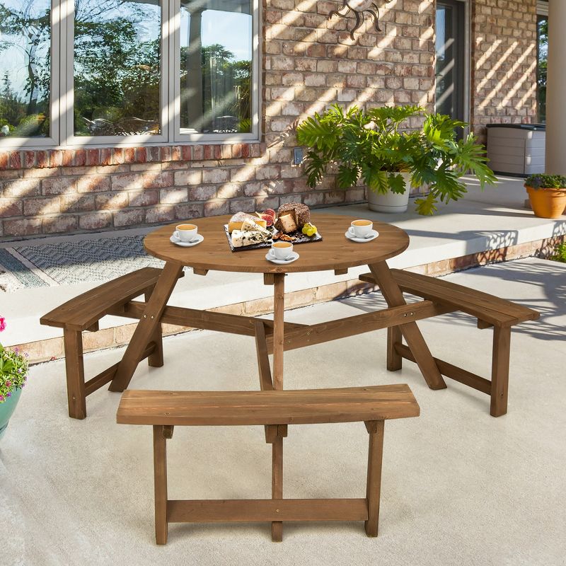 Costway 6-person Round Wooden Picnic Table Outdoor Table w/ Umbrella Hole & Benches, 2 of 11
