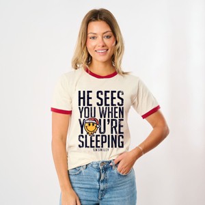 S.W.Smiley He Sees You When You're Sleeping - Women's Ringer Graphic T-Shirt - 1 of 3