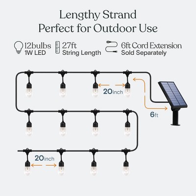 27 Ft Warm White Solar Powered Outdoor LED String Lights
