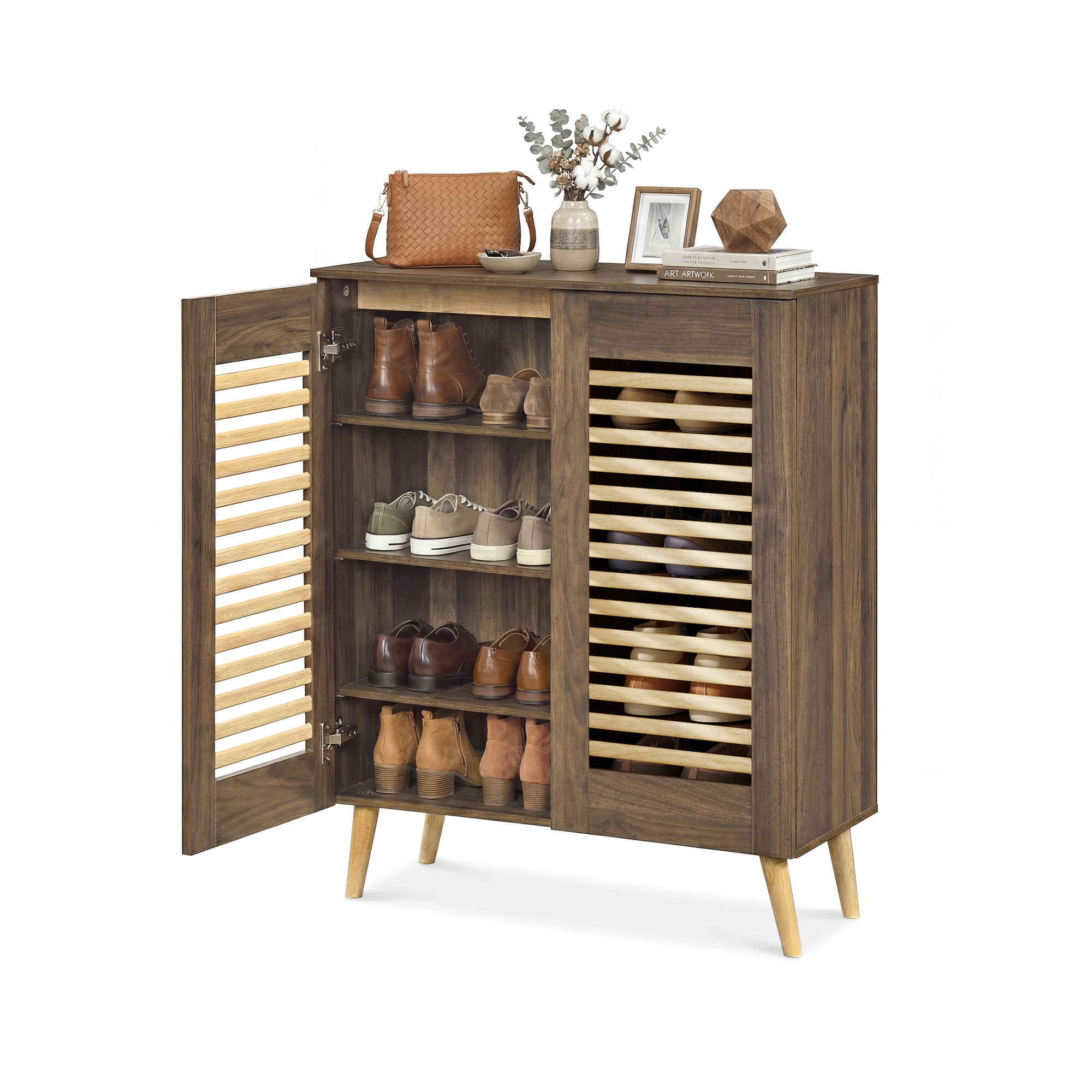 Costway Shoe Cabinet with 2 Louvered Doors&3 Removable Shelves,5-Tier Narrow Cabinet Walnut