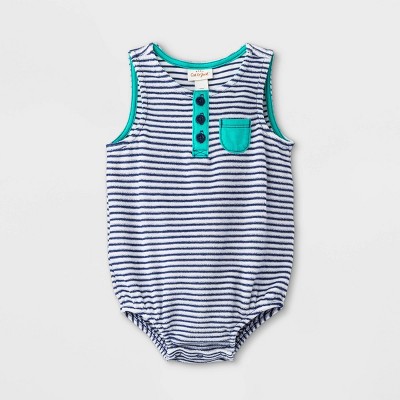 Image of Baby Boys' Striped Terry Henley Romper - Cat & Jack™ Navy Newborn