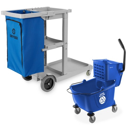 Dryser Commercial Janitorial Cleaning Cart On Wheels With Shelves And Vinyl  Bag & Commercial Mop Bucket With Side Press Wringer, 26 Qt. Blue : Target