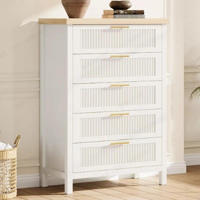 Fluted 5 Drawer Dresser for Bedroom Rattan Chest of Dressers Tall Dresser for Closet with Drawers Boho Night Stand