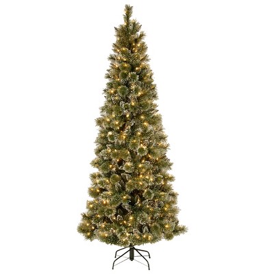 National Tree Company 7.5ft Glittery Bristle Pine Slim Tree with Warm White LED Lights