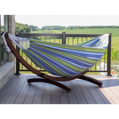 Vivere Blue and Green Striped Cotton Hammock with Pinewood Stand