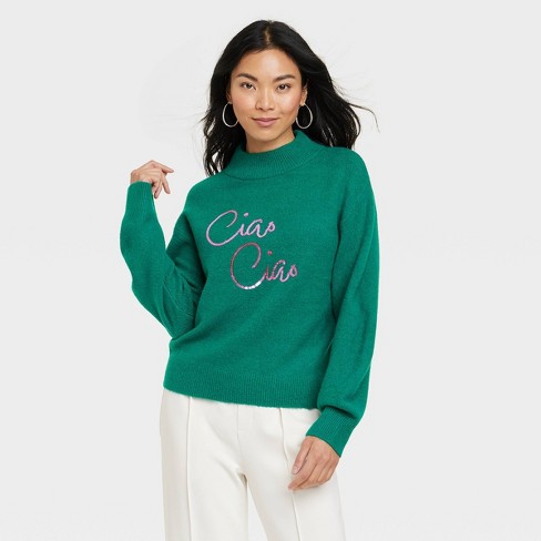 Women's Crewneck Graphic Pullover Sweater - A New Day™ Green XS
