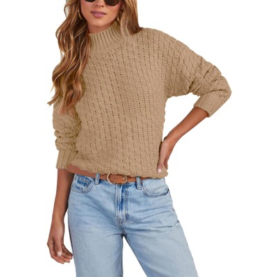 Women's Long Sleeve Waffle Knit Sweater Crew Neck Solid Color Pullover Crewneck Sweaters