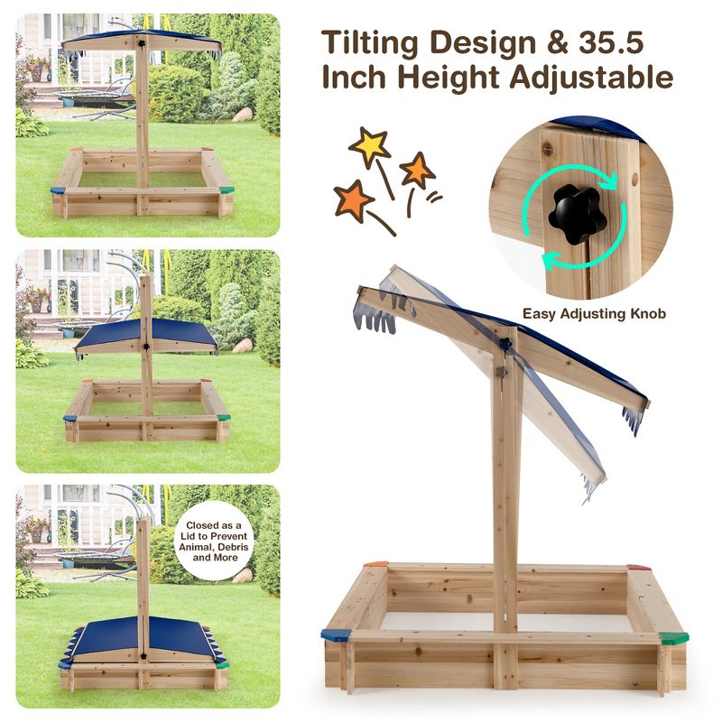 Costway Kids Wooden Sandbox with Height Adjustable & Rotatable Canopy Outdoor Playset, 4 of 11