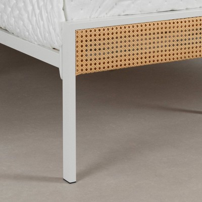 Full White Metal Platform Bed with Natural Cane Headboard