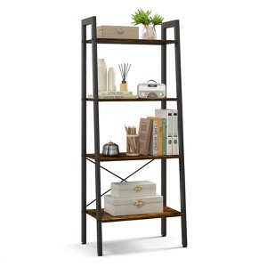 Tangkula 4-Tier Ladder Bookshelf Industrial Wooden Bookcase with Metal Frame Anti-Toppling Device Rack Rustic Brown/Gray Oak - 1 of 4
