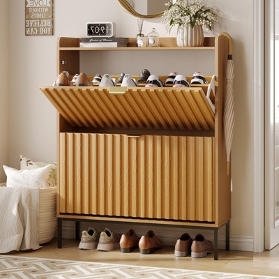 Fluted Slim Shoe Storage Cabinet, Free Standing Wooden Shoes Organizer, Wood Color