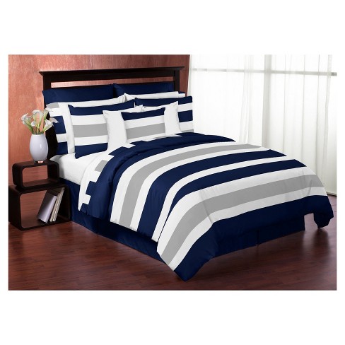 Navy Gray Stripe Comforter Set Full, Navy Blue Queen Bed Set