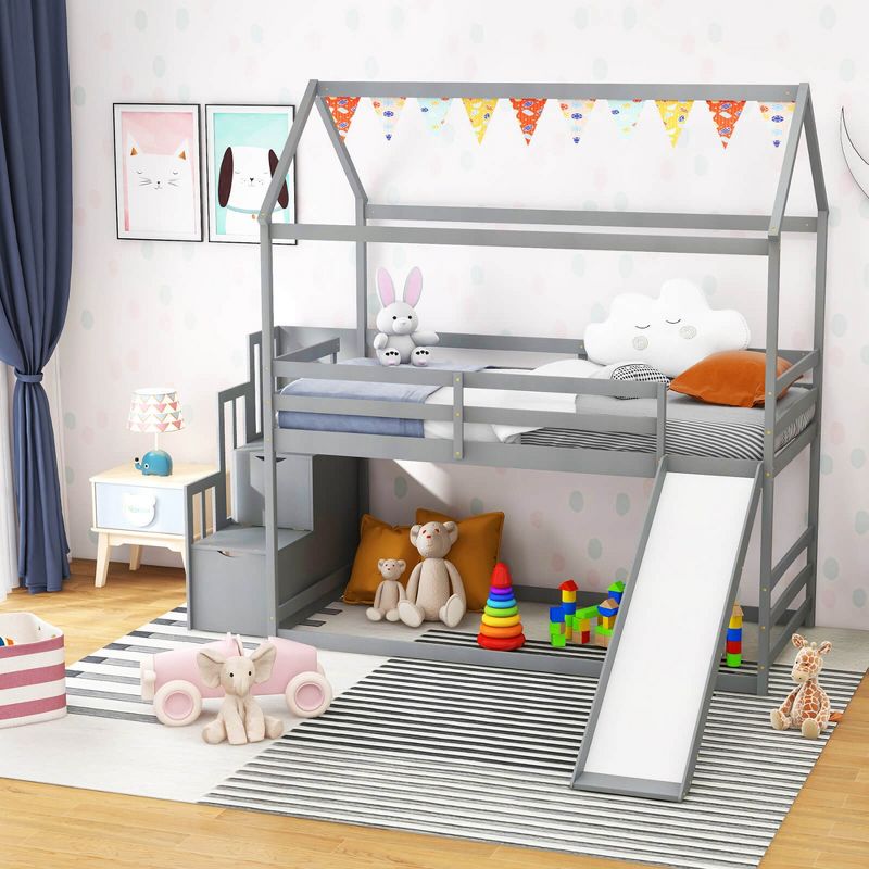 Tangkula Loft Bed w/ Slide & Storage Staircase Twin Over Twin House-shaped Bunk Bed, 4 of 11