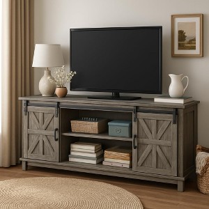 TV Stand for Televisions Up to 75 Inch with Storage Cabinets & Sliding Barn Doors - Mid Century Modern Media Console for Living Room/Bedroom - 1 of 4