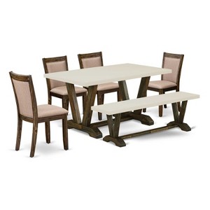 HomeStock 6-Piece Rectangle Distressed Jacobean Finish Solid Wood Top Dining Table with 1-Bench, 4-Chairs - 1 of 4