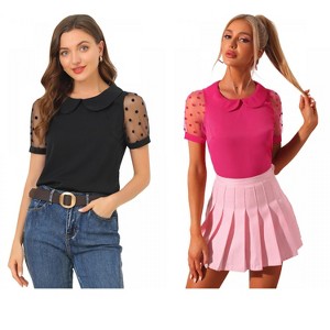 Allegra K Women's Vintage Peter Pan Collar Puff Polka Dots Mesh Short Sleeve Blouse 2 Packs - 1 of 4
