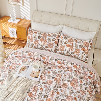 Acoinel Coastal Coral & Seashell Quilt Set - 3-Piece Reversible Bedspread with Pillow Shams,King — фото 4