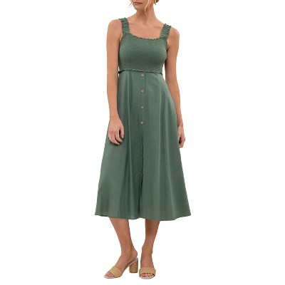 August Sky Women's Sleeveless Smocked Bodice Faux Button Down Skirt Midi Dress