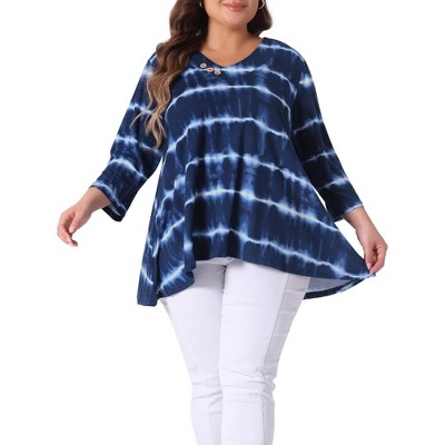 Agnes Orinda Women's Plus Size Tie Dye Printed Button Decor V Neck 3/4 Sleeve Flowy Casual T-Shirts
