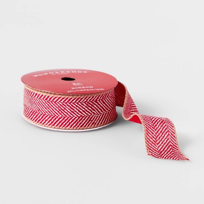 1.5" Faux Linen Herringbone Ribbon Red & Ivory 21ft - Wondershop™