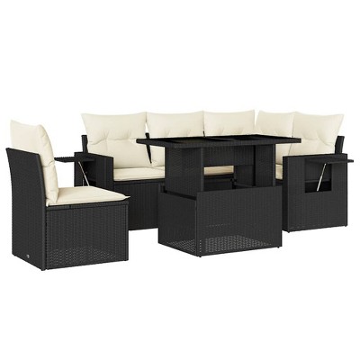 vidaXL 6 Piece Patio Sofa Set with Cushions Black and Cream Poly Rattan