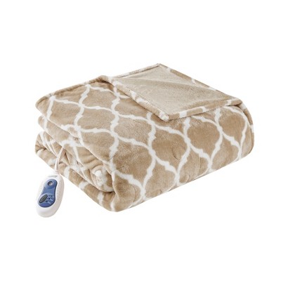 Beautyrest Electric Heated Ogee Printed Oversized Throw Blanket 60x70" Tan: Microplush, Machine Washable, 5-Year Warranty