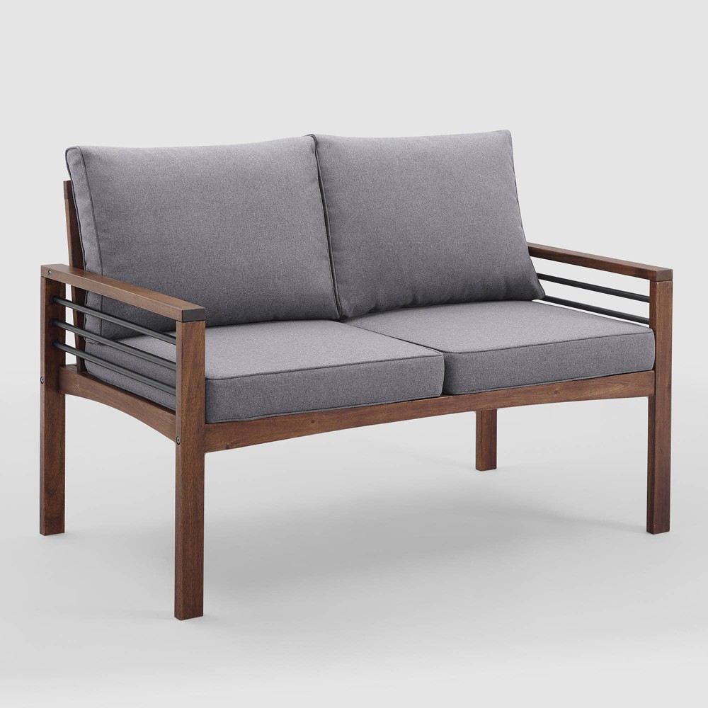 Photos - Sofa Saybrook Modern Metal and Wood Patio Loveseat - Gray/Dark Brown - Saracina