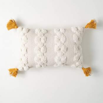 Sullivans 13.75" Ivory Tufted Tasseled Pillow, Cotton