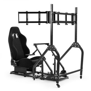 Dardoo Racing Simulation Cockpit With Reinforced Bars, Paired With Black Ergonomic Seats And Triple Monitor Stand Fits For Logitech Thrustmaster. - 1 of 4