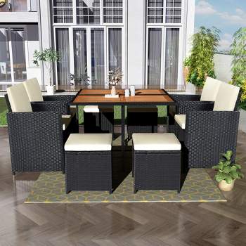 All Weather PE Wicker Patio 9-Piece Dining Set with Table, Black Rattan + Beige Cushions - ModernLuxe