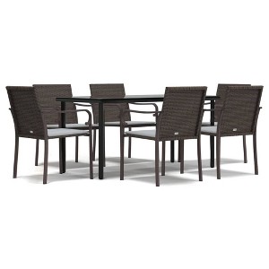 vidaXL Patio Dining Set Table and Chair with Cushions Poly Rattan and Steel - Brown 63" Table Length 6 Chairs - 1 of 4