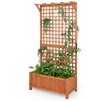 Tangkula Raised Garden Bed with Trellis Indoor & Outdoor Plant Container with Hanging Roof Drainage Holes for Climbing Vines Flowers