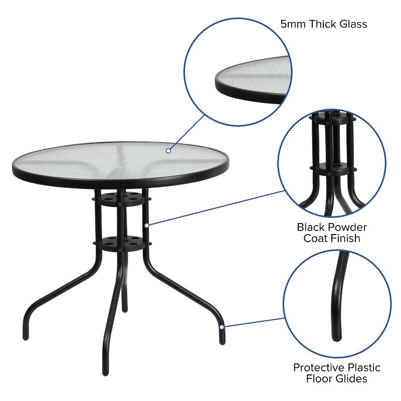 Emma and Oliver Five Piece Patio Table Set with Round Metal Table with Tempered Glass Top and 4 Flex Comfort Stacking Chairs, 3 of 11